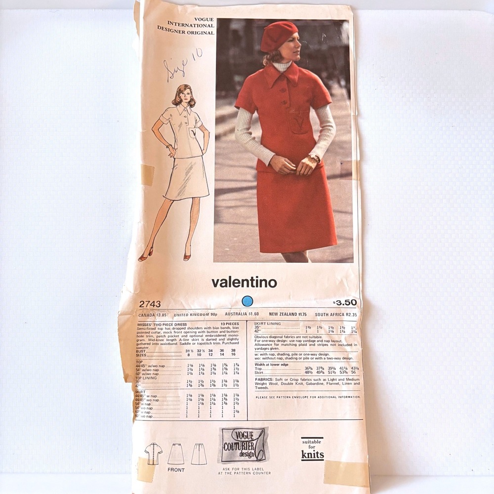 Vogue 2743 RARE Valentino Two-Piece Dress Skirt Top Sz 10 Vtg '72 Catalog Pg UC